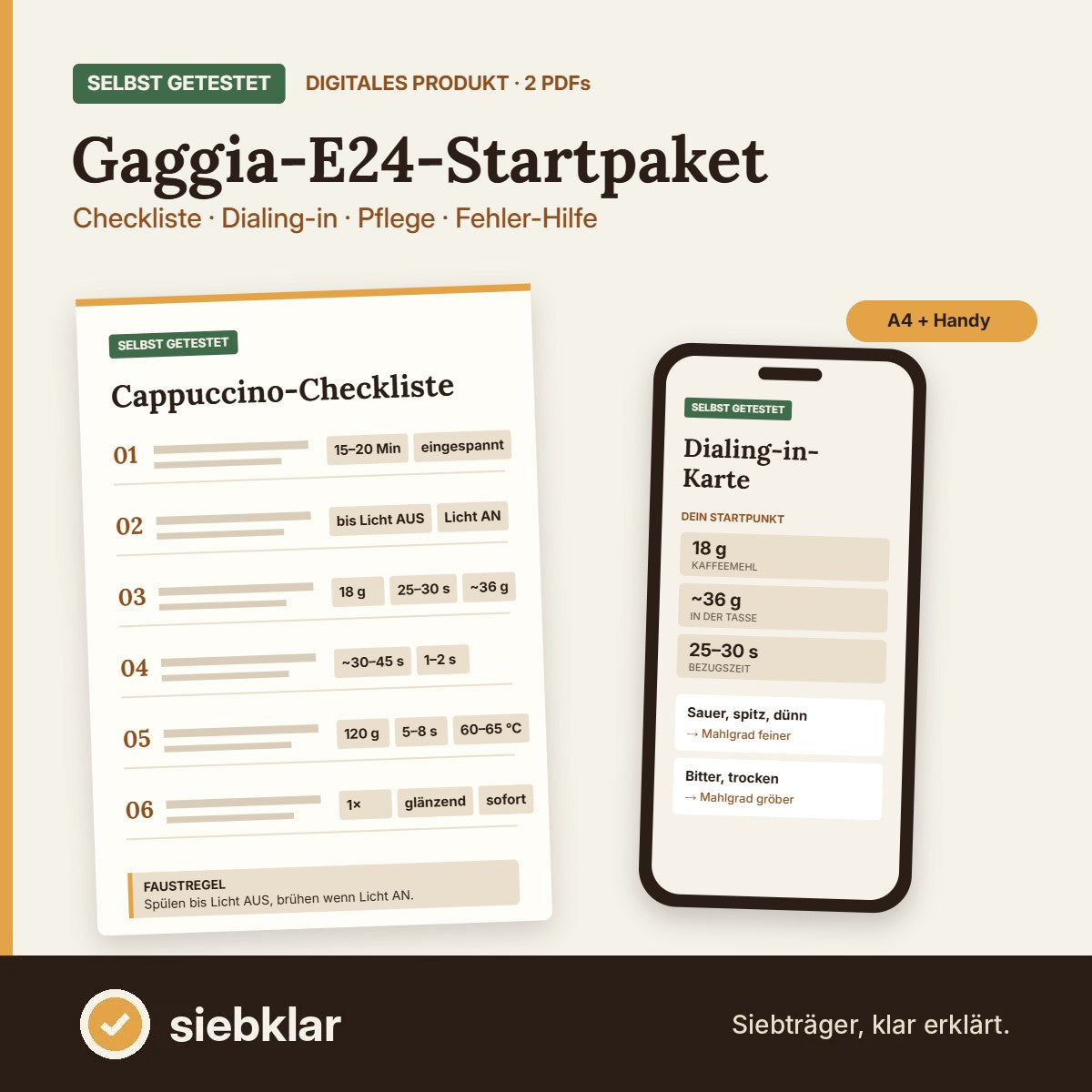 Gaggia-E24-Startpaket: A4-Checkliste und Handy-Version der Dialing-in-Karte